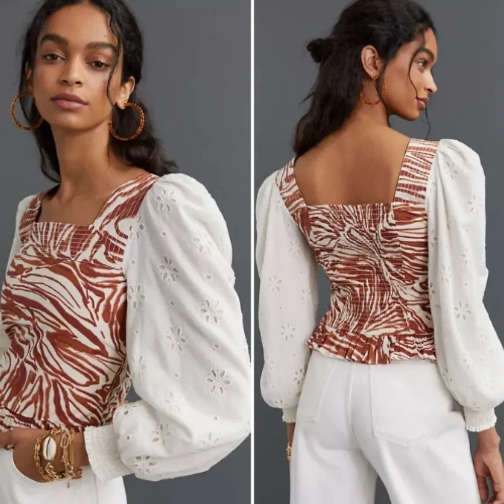 NWT Anthropologie Smocked Puff-Sleeve Blouse | L